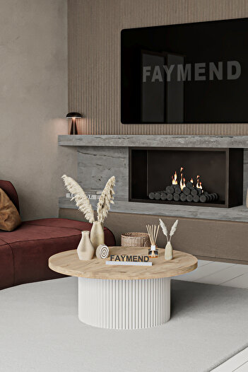 FAYMEND KOOKY Modern Yuvarlak Beyaz - Meşe Ahşap Orta Sehpa '70cm'