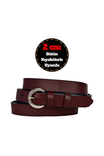 GoDeri 100% Genuine Leather, Thin 2 cm Burgundy Women's Belt with Silver Buckle; Dress Belt, Trouser Belt_Boval