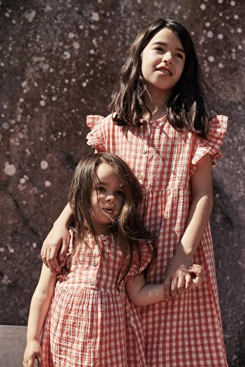 Cigit Pöti Square Patterned Dress 1-8 Years Coral