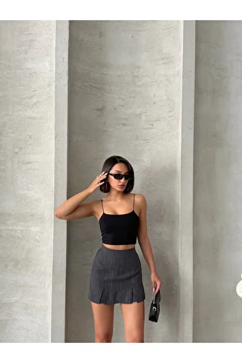 Miss Prova Slit Detail Linen Blended Mini Shorts Skirt Mıssetk2640