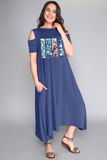 Curvy Trend Large Size Lighthouse Salty Printed Shoulder Open Dress
