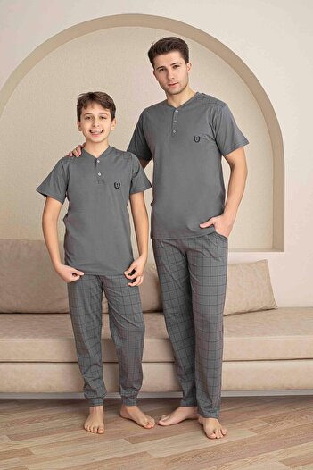 Tarık Father Son Combination Short Sleeve Buttoned Collar Long Bottom Combed Fabric Medium Thick V-Neck Pajamas Set