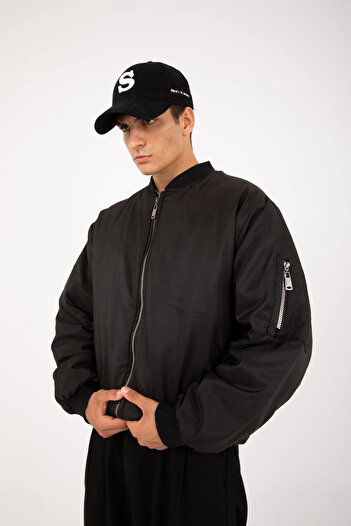 MEYASU Unisex Μαύρο Oversize Διπλή Τσέπη Bomber Jacket College Jacket