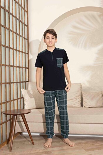 Tarık Baba Oğul Kombin Kısa Kollu Ekoseli Uzun Alt Penye Kumaş Orta Kalın V Yaka Pijama Takımı-3993