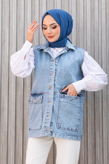 SHİROSA vestă oversize din denim cu buzunare cu detalii din piatră