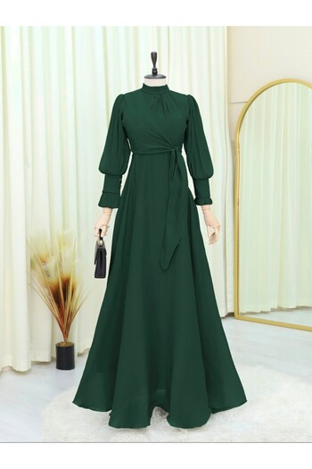 Modamorfo Stand Collar Side Tie Janjan Evening Dress - Emerald