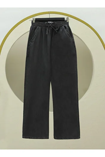 Modamorfo Wide Leg Jeans with Elastic Waist and Pockets - Anthracite