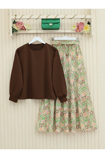 Modamorfo Floral Patterned Belted Double Suit - Brown