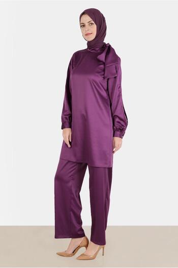 Alvina Satin Jewelled Bow Detailed Double Pants Set - 30276