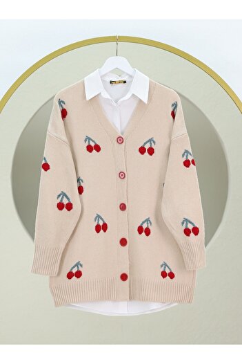 Modamorfo Buttoned Cherry Embroidered Medium Length Soft Cardigan - Cream