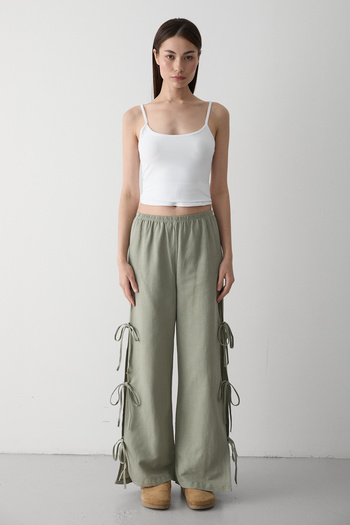 Laluvia Khaki 100% Cotton Side Slit and Tie Detailed Trousers - 3528