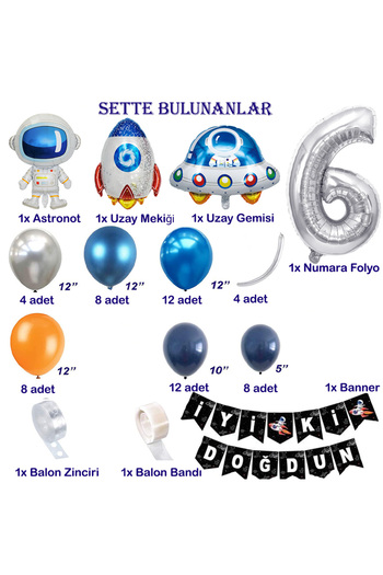 Patladı Gitti Uzay Temalı Doğum Günü Seti 6 Yaş; 4 Adet Folyo, 56 Lateks Balon, Banner, Balon Zinciri, Balon Bandı