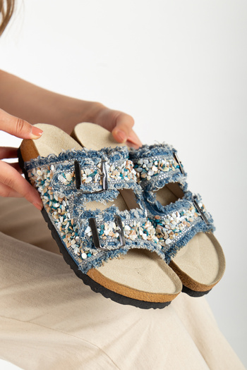 Reyonda ayakkabı Women's Natural Stone Blue Denim Double Buckle Sea Stone Orthopedic Slippers