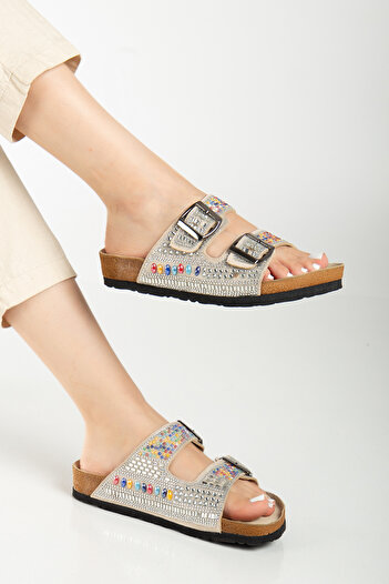 Reyonda ayakkabı Women's Natural Stone Beaded Beige Double Buckle Orthopedic Slippers