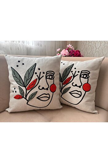 Mustgross Bohemian Punch Embroidered Linen Throw Pillow Cover Set of 2 - 43X43 cm