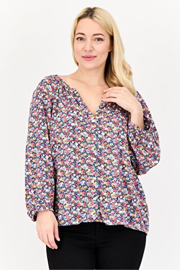 GAP Women V-neck Long Sleeve Floral Print Shirt, Multicolor