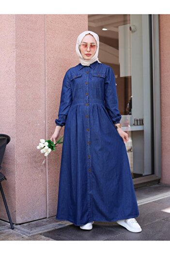 HİJABAYA Buttoned Long Jeans Dress with Elastic Sleeves and Double Pockets