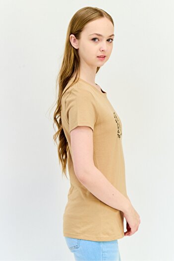 GAP Women Crew Neck Short Sleeve Graphic Print T Shirt, Tan