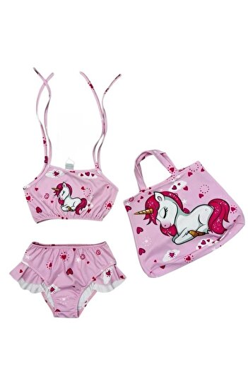 Şekerkids Girl's Pink Color Cute Horse Patterned Swimsuit Set with Bag