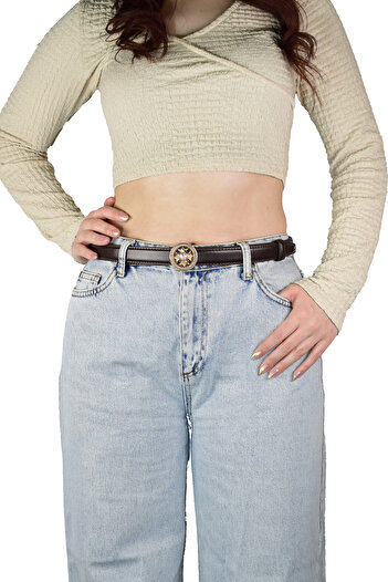 GoDeri No Hole Dark Brown Women's Belt with Automatic Buckle, Trouser Belt, Dress Belt, 2.5 Cm_Auto