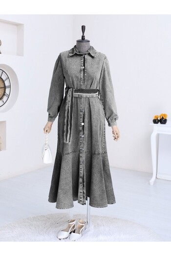HİJABAYA Buttoned Skirt Ruffled Denim Dress