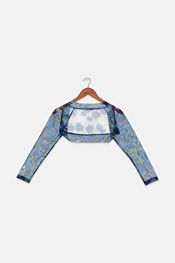 Byblos Kids Girl Allover Printed Long Sleeve Shrug Detail Top, Blue Combo