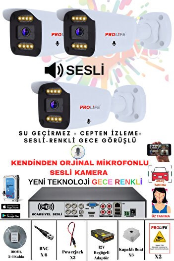 PROLİFE 3 Lü Sesli Güvenlik Kamerası 5 Mp Gece Renkli Yüz Ve Araç Tanımalı Full Hd Kamera Sistemi