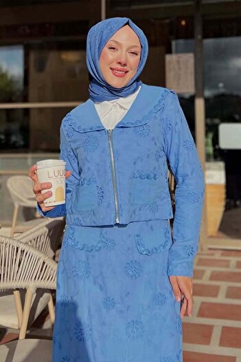 benguen Collared Embroidery Suit Blue 3016