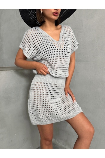 BEJNA Graues Damen-Strandkleid aus Baumwolle mit elastischem Bund und Pareo