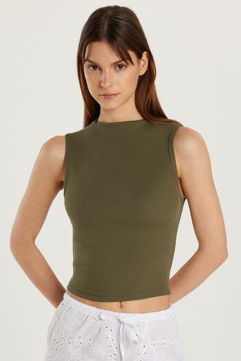Tudors Women's Slim Fit Slim Fit Zero Sleeve Ribbed Modal Fabric Khaki Blouse
