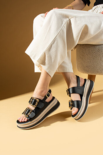 Pembe Potin Women's Black Anatomical Comfortable Sole Daily Buckle Stylish Conford Sandals
