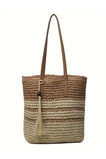 Luminos Butik Tassel Detailed Striped Straw Knitted Beach Bag – Handmade Summer Shoulder Bag 40X46 cm