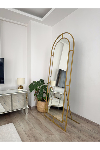 EFFE YAPI DEKOR Gold Metal Çerçeveli 180x70 Cm Pencere Model Oval Ayaklı Boy Aynası