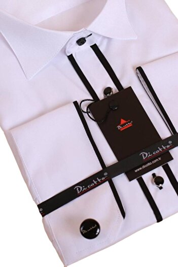 Dicotto Біла та чорна сорочка Slim Fit для смокінга - подвійна підкладка, комір для нареченого, ґудзики на рукавах - 003