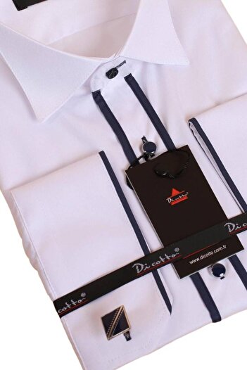Dicotto Біло-синя сорочка Slim Fit для смокінга - подвійна підкладка, комір для нареченого, манжети на ґудзиках - 011