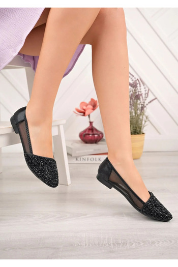 Elit 987 Black Stone Detailed Mesh Women's Ballerinas