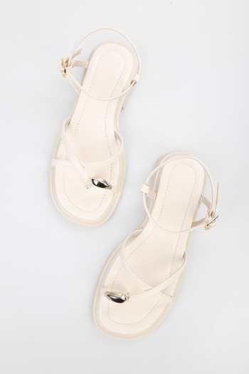 Shoeberry Bianca Beige Gold Buckle Women's Sandals