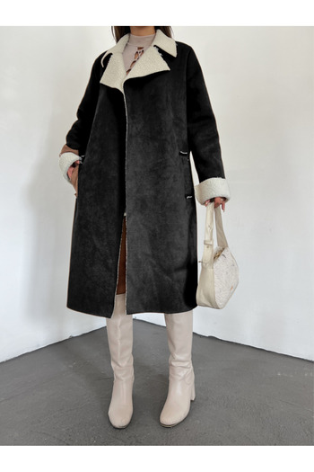HİJABAYA Belted Suede Coat with Fur Inside