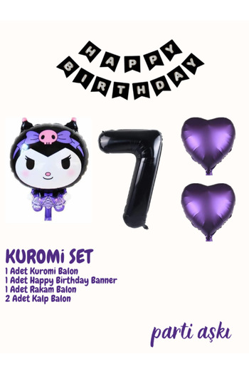 PARTİ AŞKI Sanrio Kuromi Balon Seti 5'li Kuromi Set & Kız Çocuk Konsept Doğum Günü Balon Seti