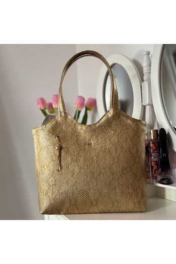 OEM Women's Bag, Shopper, Natural Leather, Gold, Snake Type, Handmade