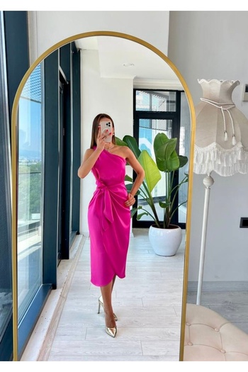 Afiş Butik Pembe Tek Kol Saten Midi Elbise