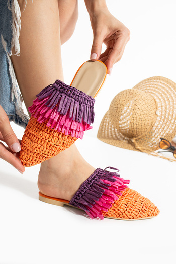 STOCON Viana Orange Knitted Purple Fuchsia Tassel Detailed Women's Slippers Stc1109