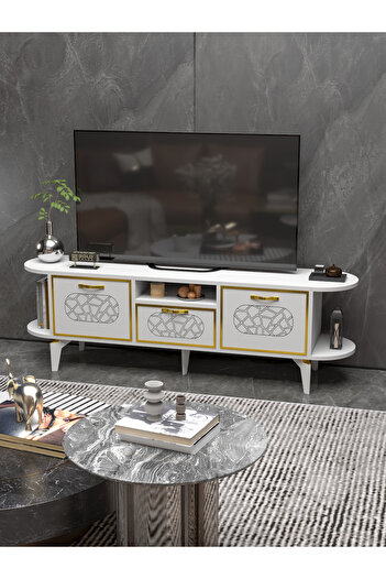 GOLDFALEZ Tv Sehpası Mira Gold 5032 Beyaz 160 Cm 35 Cm 50 Cm