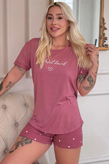 Pijamaevi Powder Grateful Heart Patterned Bamboo Short Sleeve Women's Shorts Pajama Set