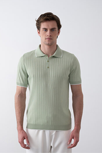 İLKCET MODA Ribbed Striped Çağla Button Collar Knitwear Tshirt