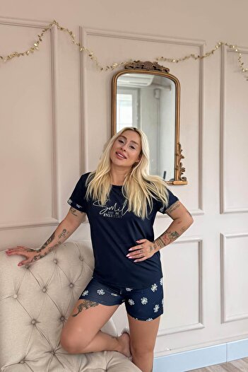 Pijamaevi Navy Blue Smile Everyday Patterned Bamboo Short Sleeve Women's Shorts Pajama Set