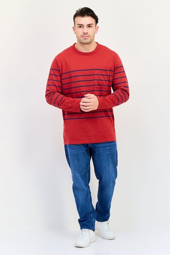 CELIO Men Crew Neck Long Sleeve Stripe T-Shirt, Red