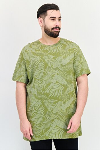 CELIO Men Crew Neck Short Sleeves Floral Print T-Shirt, Olive