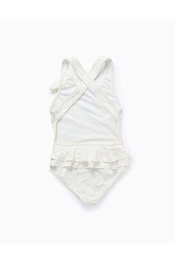 Ziddy Floral Swimsuit with Ruffles and Embroidery for Girls, White