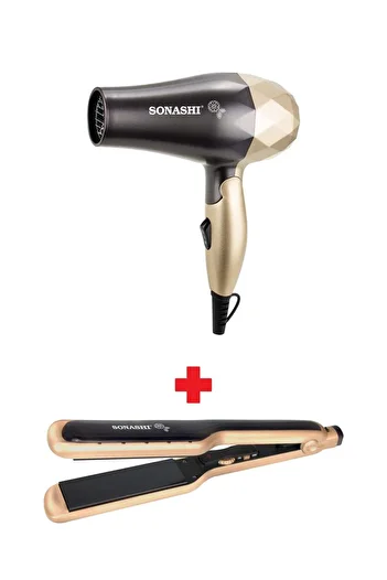 sonashi Combo of Compact Foldable Travel Hair Dryer Gold 1000W with Ceramic Wet & Dry Hair Straightener Gold